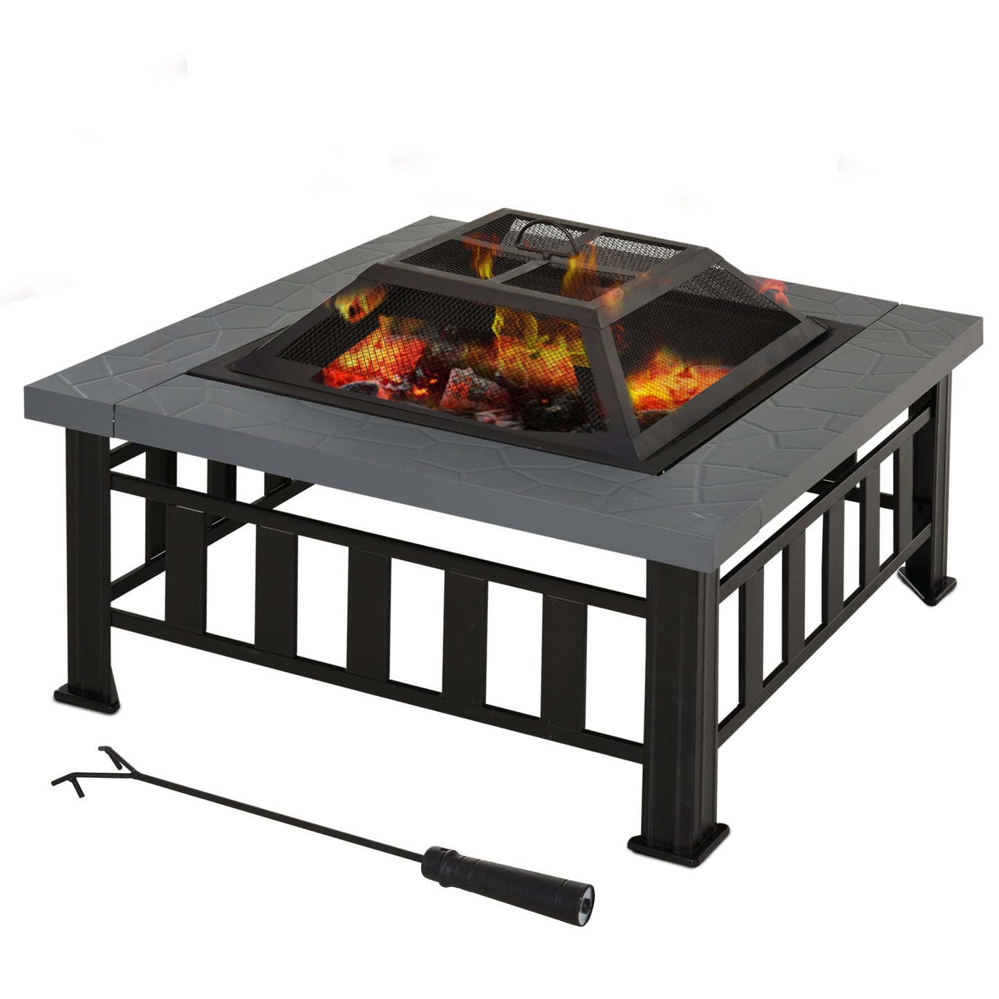 Outdoor and Garden-34" Outdoor Fire Pit Square Steel Wood Burning Firepit Bowl with Spark Screen, Waterproof Cover, Log Grate, Poker for Camping, BBQ, Bonfire - Outdoor Style Company