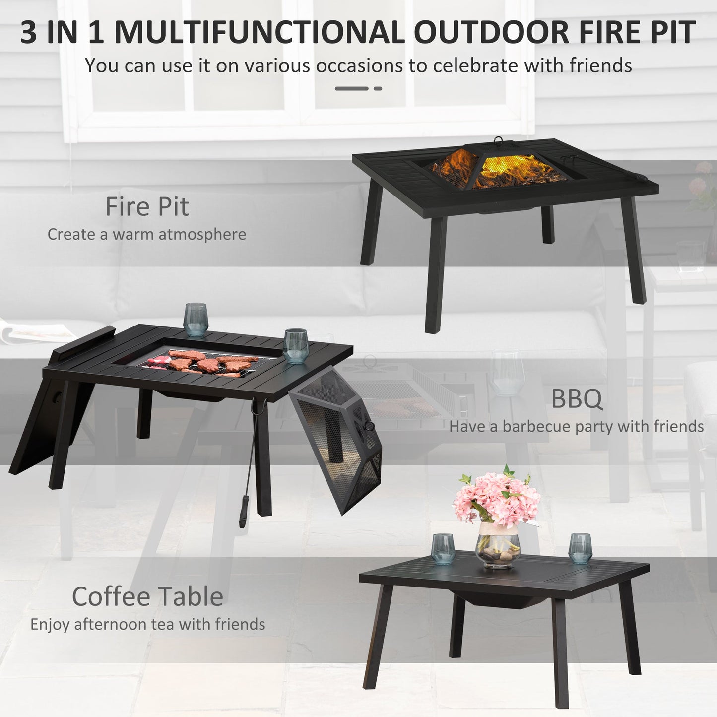 Outdoor and Garden-34" Outdoor Fire Pit, Wood Burning Fire pit Table, Barbecue Grill with Spark Screen, Poker, and Rain Cover - Outdoor Style Company