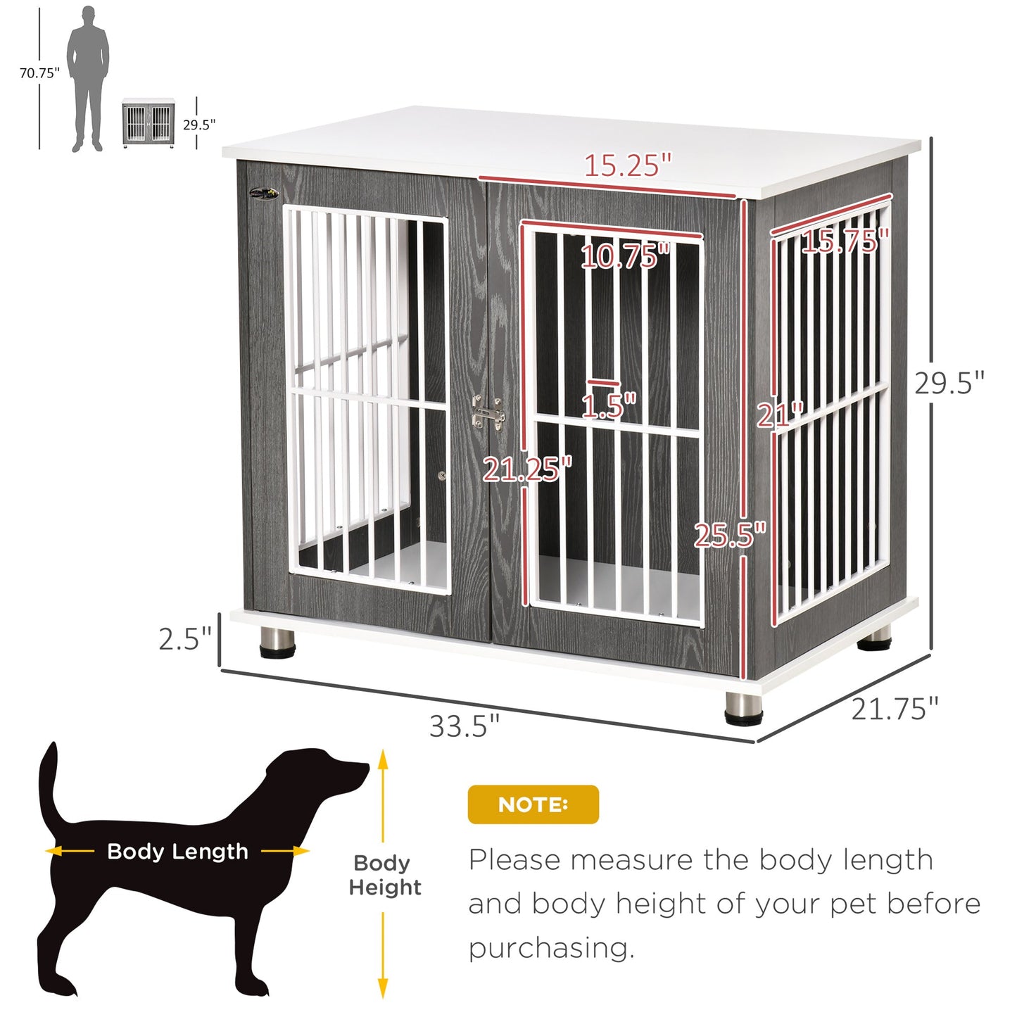 Pet Supplies-34'' Wooden Dog Crate, Modern Wire Dog Crate, Dog Kennel with Door, Lock & Adjustable Foot Pads, for Small and Medium Dogs, Gray and White - Outdoor Style Company
