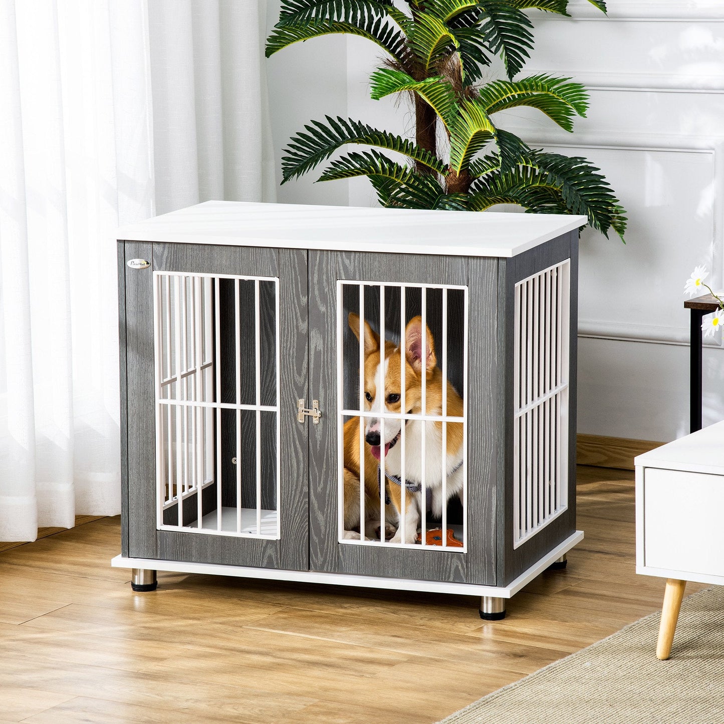 Pet Supplies-34'' Wooden Dog Crate, Modern Wire Dog Crate, Dog Kennel with Door, Lock & Adjustable Foot Pads, for Small and Medium Dogs, Gray and White - Outdoor Style Company