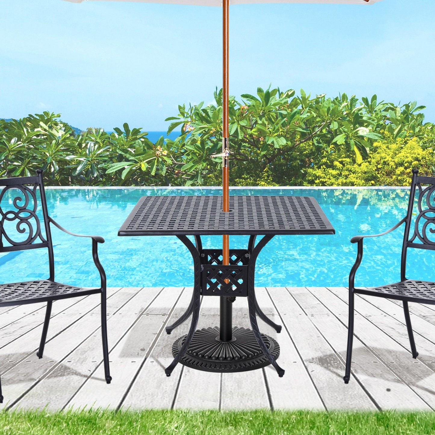 Outdoor and Garden-36" x 36" Square Metal Outdoor Patio Bistro Table with Center Umbrella Hole & Cast Iron Stylish Design - Outdoor Style Company