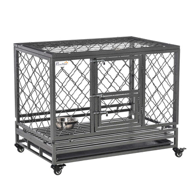 Pet Supplies-36.5" Heavy Duty Dog Crate, Metal Kennel and Crate Dog Playpen with Lockable Wheels, Slide-out Tray, Food Bowl and Double Doors, Black - Outdoor Style Company