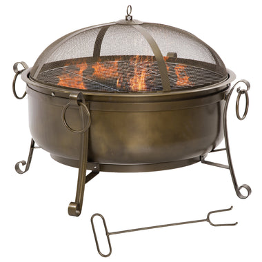 Outdoor and Garden-37 Inch Outdoor Fire Pit Bowl with Spark Screen, Patio Heater Log Wood Charcoal Burner, Log Poker, and Wood Grate - Outdoor Style Company