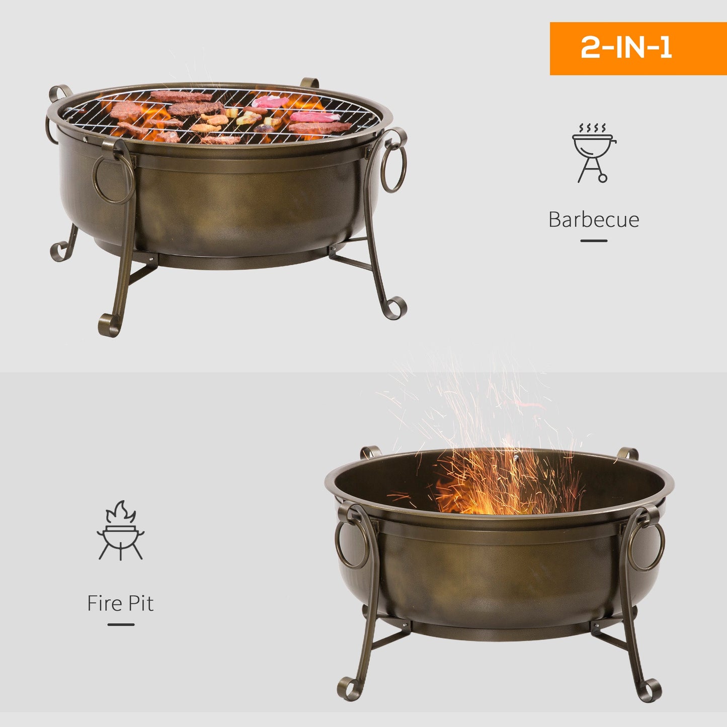 Outdoor and Garden-37 Inch Outdoor Fire Pit Bowl with Spark Screen, Patio Heater Log Wood Charcoal Burner, Log Poker, and Wood Grate - Outdoor Style Company