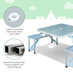 Outdoor and Garden-38" Folding Camping Table with 4-Seat Porch, Picnic Table with Carrying Handle, Patio Table with Umbrella Hole & Collapsible Seating, Silver - Outdoor Style Company