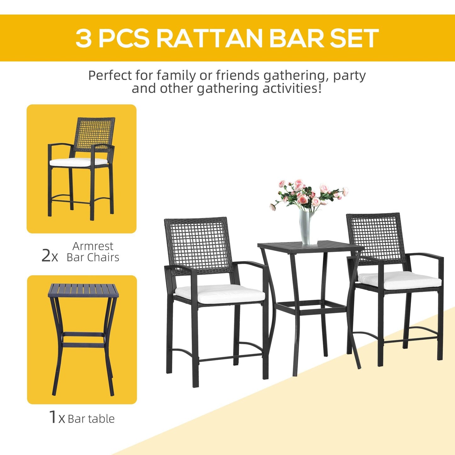 Outdoor and Garden-3PCS Patio Bar Set with Soft Cushion, Rattan Wicker Outdoor Furniture Set for Backyards, Lawn, Deck, Poolside - Outdoor Style Company