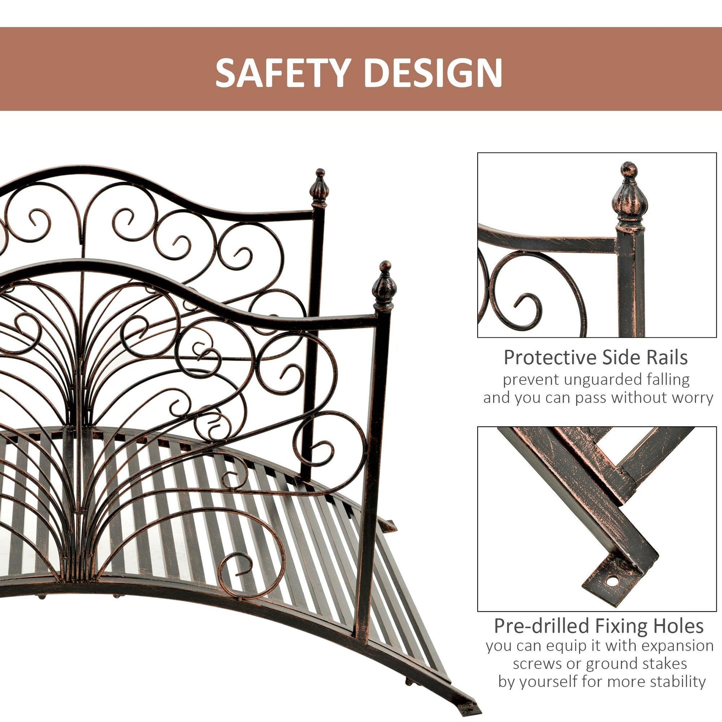 Outdoor and Garden-4’ Metal Arch Backyard Garden Bridge with Safety Siderails, Delicate Scrollwork, & Easy Assembly, Black Bronze - Outdoor Style Company