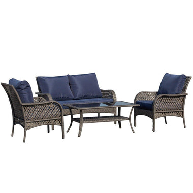 Outdoor and Garden-4 PCS Patio PE Rattan Wicker Sofa Sets Outdoor All Weather Conversation Furniture w/ Two Tier Tea Table & Cushions for Backyard Garden Blue - Outdoor Style Company
