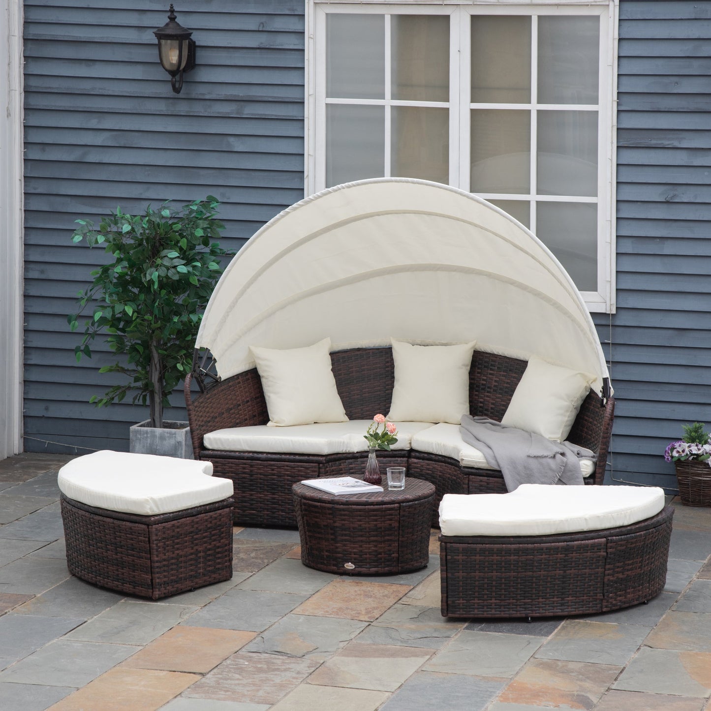 Outdoor and Garden-4-piece Cushioned Outdoor Rattan Wicker Round Sunbed or Conversational Sofa Set with Sun Canopy for Lawn Garden Backyard Poolside, Beige - Outdoor Style Company