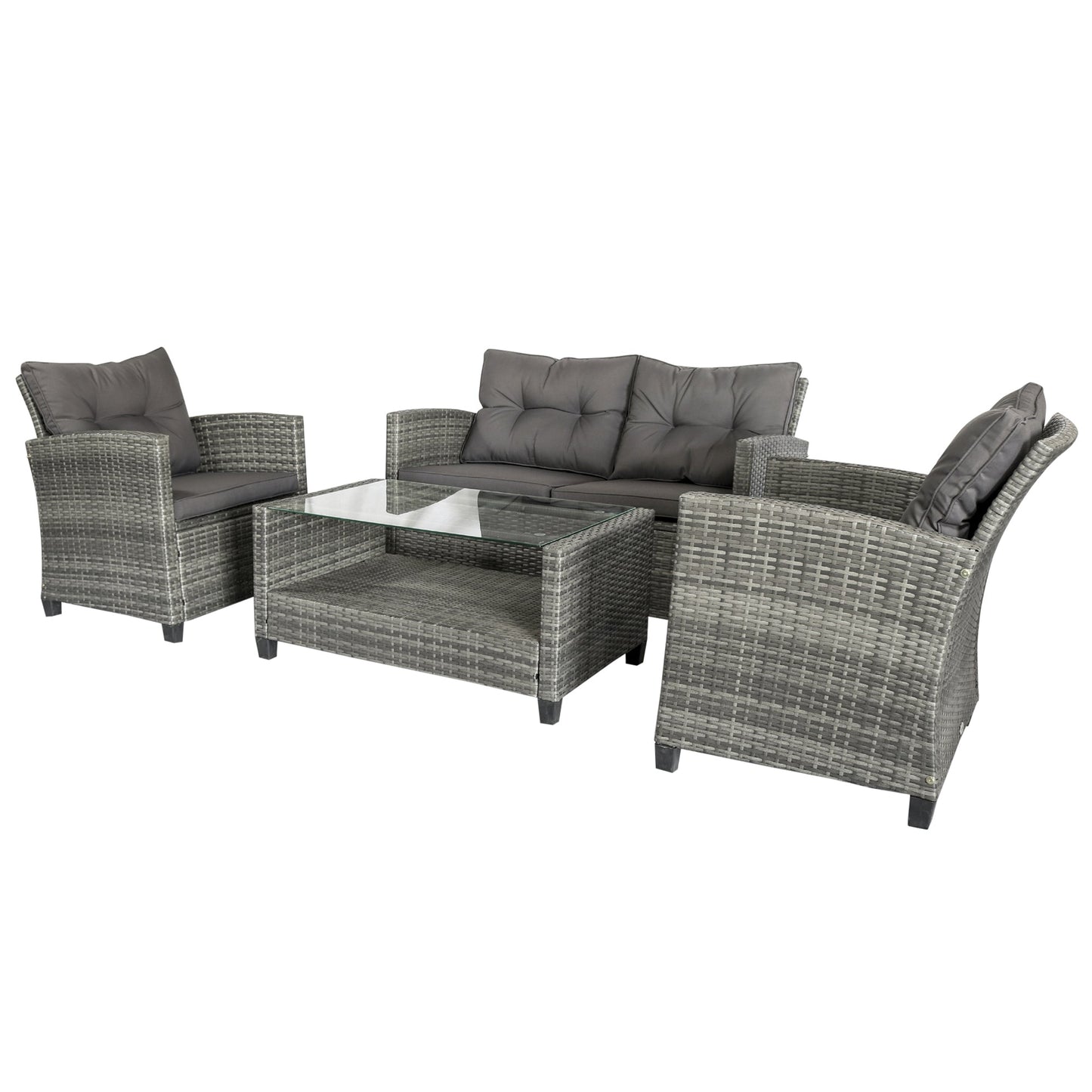 Outdoor and Garden-4-piece Outdoor Patio Rattan Furniture Set with 2 Chairs 1 Double Couch & a Coffee Table & Cushions Grey - Outdoor Style Company