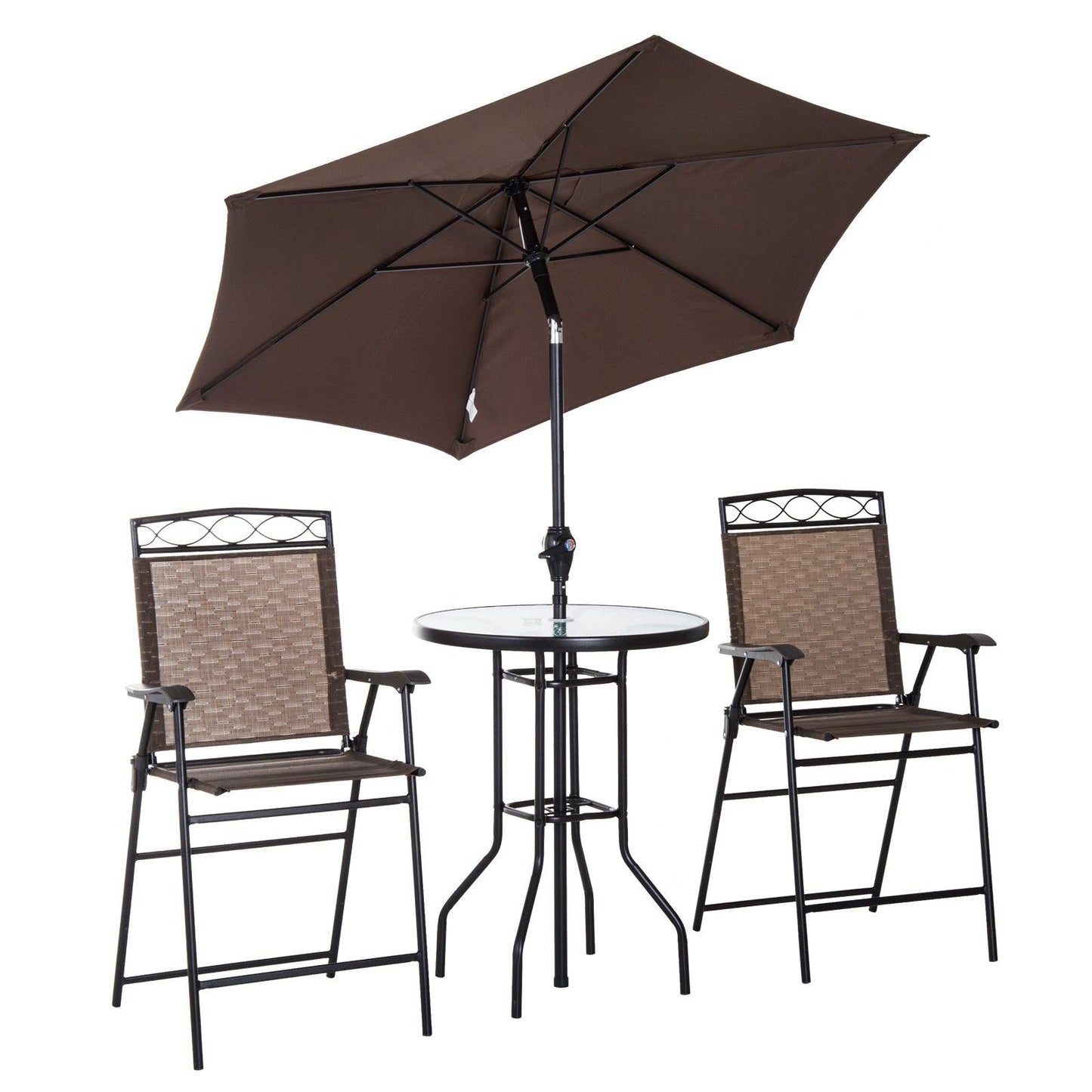 Outdoor and Garden-4 Piece Patio Bar Set for 2 with 6' Adjustable Tilt Umbrella, Outdoor Bistro Set with Folding Chairs & Glass Round Dining Table, Brown - Outdoor Style Company