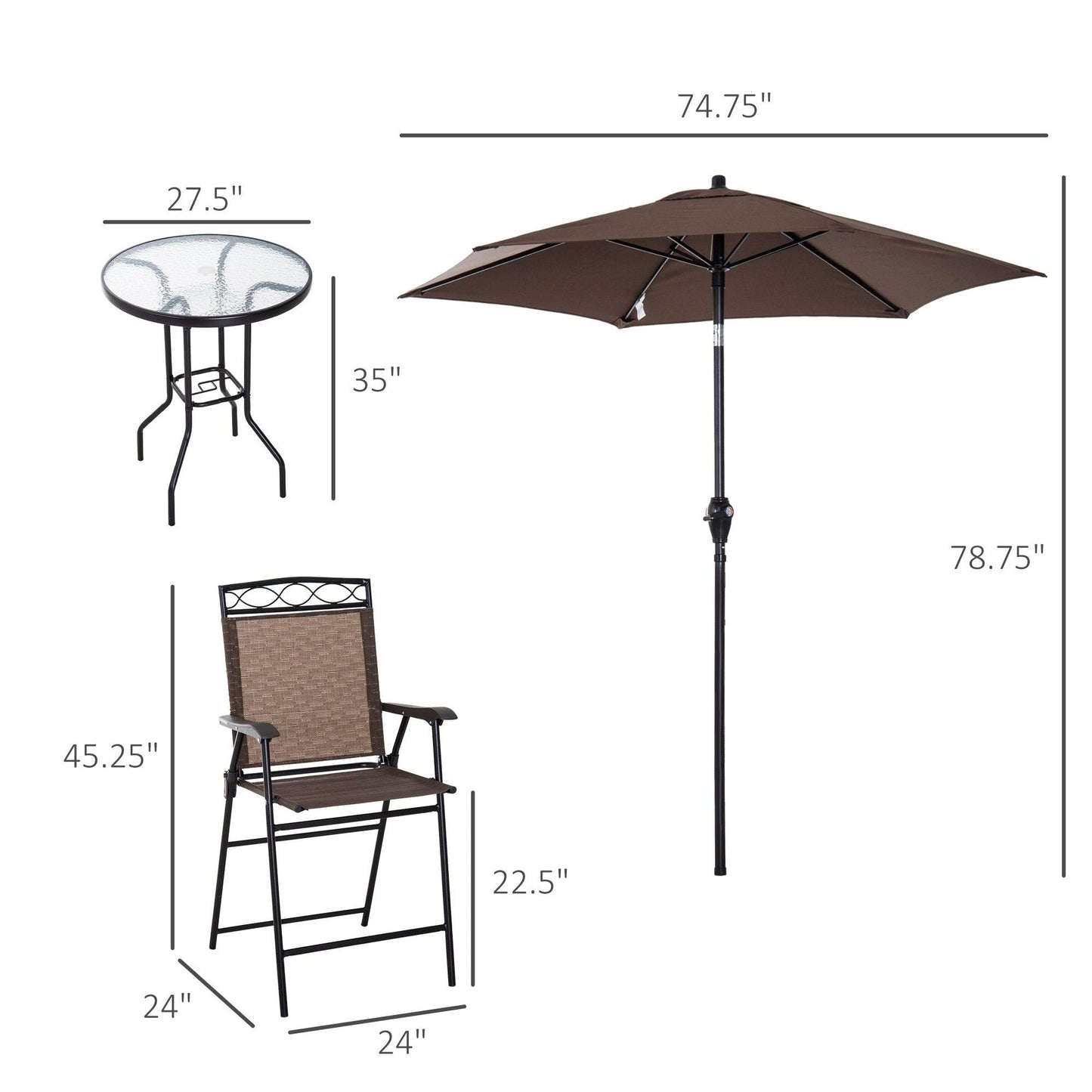 Outdoor and Garden-4 Piece Patio Bar Set for 2 with 6' Adjustable Tilt Umbrella, Outdoor Bistro Set with Folding Chairs & Glass Round Dining Table, Brown - Outdoor Style Company