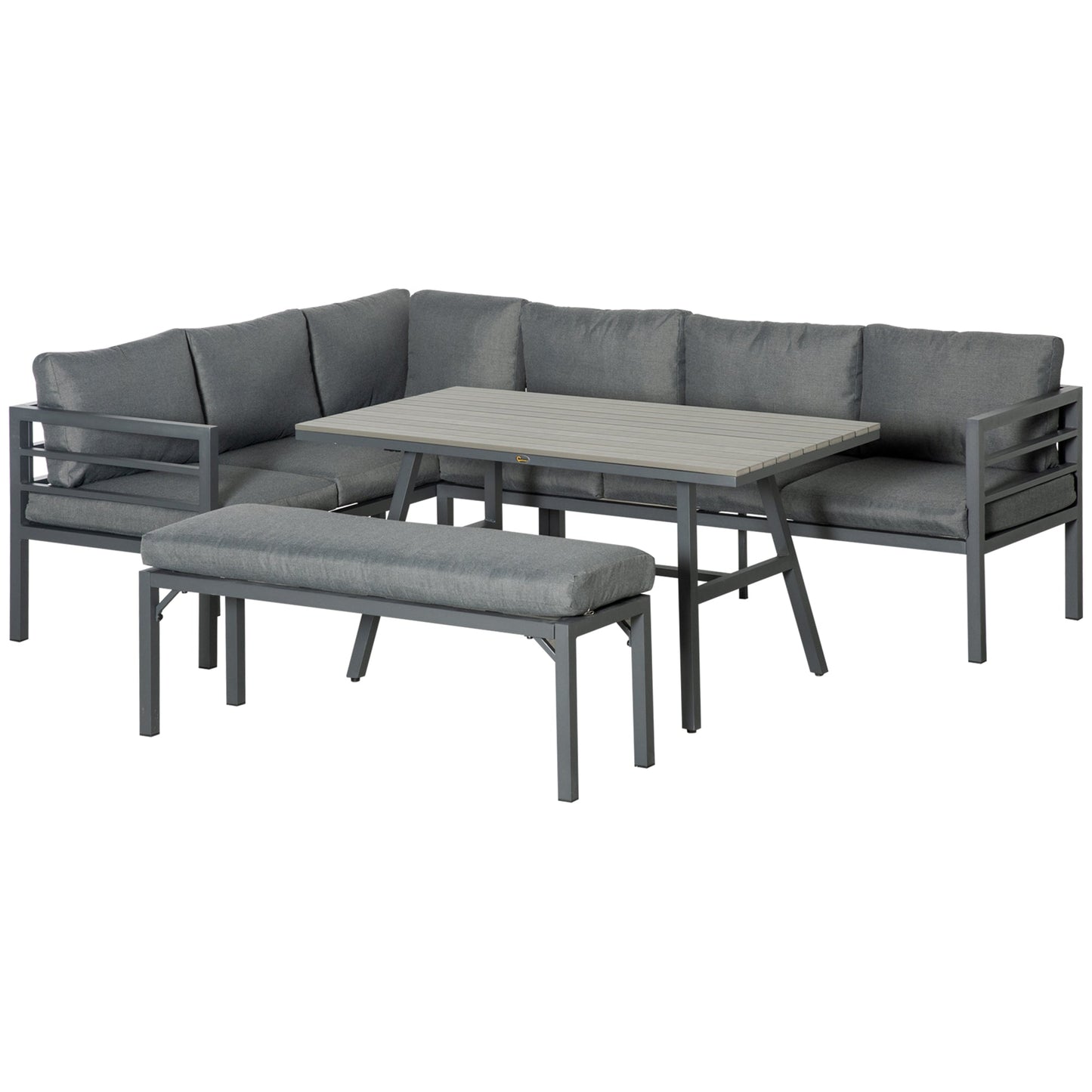 Outdoor and Garden-4 Piece Patio Furniture Set Aluminium Outdoor Dining Sofa Set Sectional Conversation Set w/ Bench, Dining Table & Cushions, Grey - Outdoor Style Company