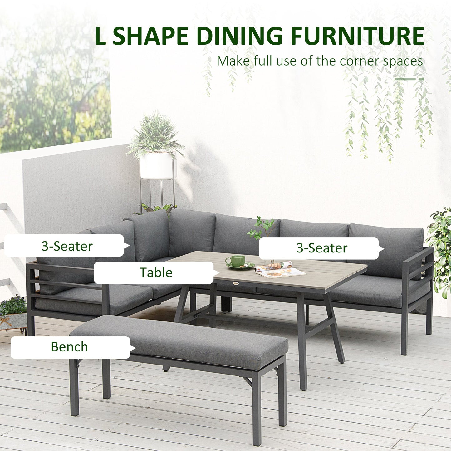 Outdoor and Garden-4 Piece Patio Furniture Set Aluminium Outdoor Dining Sofa Set Sectional Conversation Set w/ Bench, Dining Table & Cushions, Grey - Outdoor Style Company