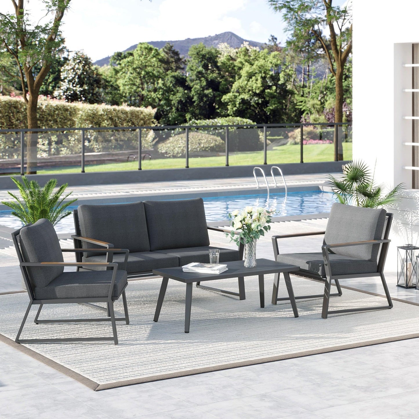 Outdoor and Garden-4 Piece Patio Furniture Set Aluminum Conversation Set, Outdoor Garden Sofa Set with Armchairs, Loveseat, Coffee Table and Cushions, Dark Grey - Outdoor Style Company