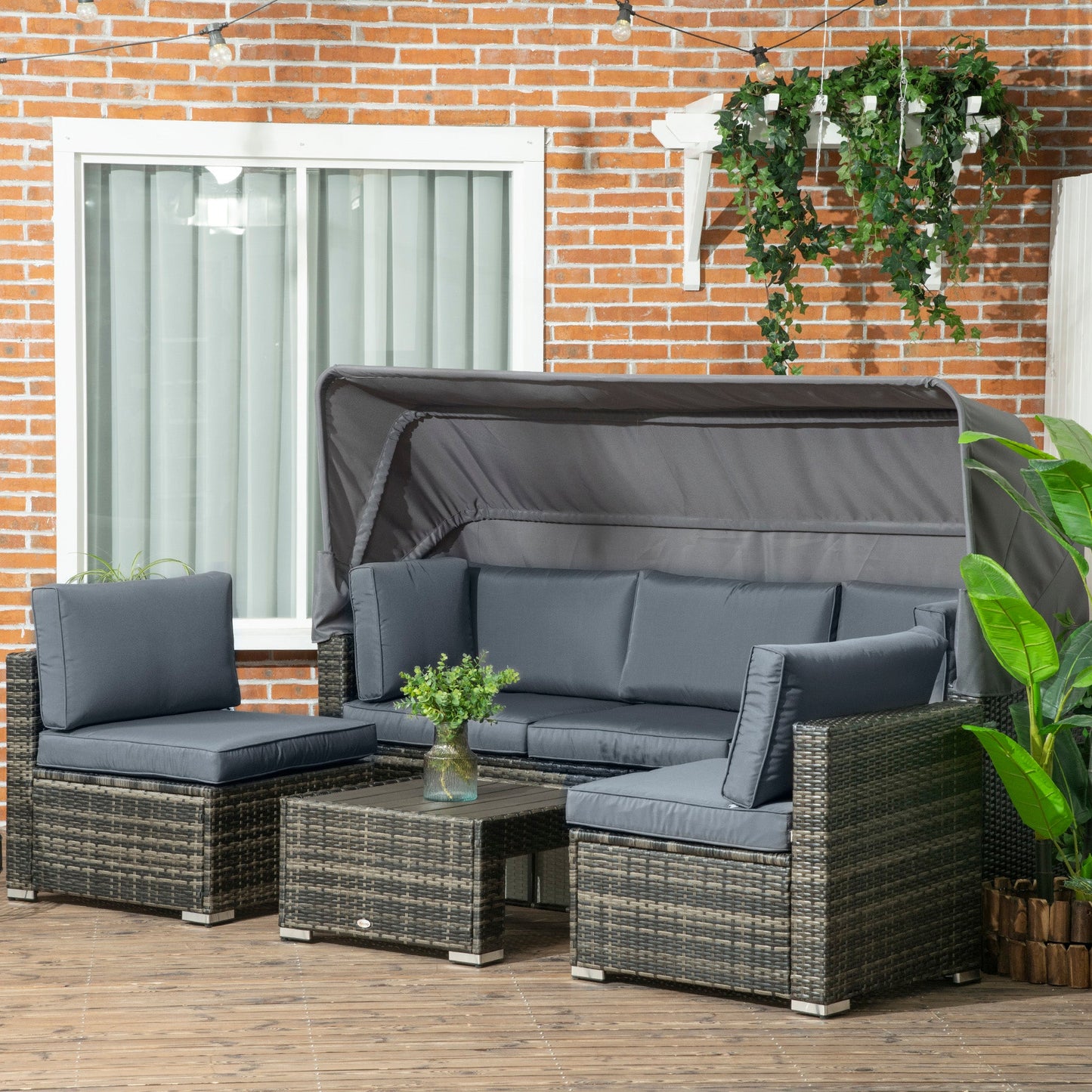 Outdoor and Garden-4 Piece Patio Furniture Set with Outdoor Sofa & 2 Chairs, Retractable Canopy, Soft Seat Cushions, Coffee Table, PE Rattan Wicker - Outdoor Style Company