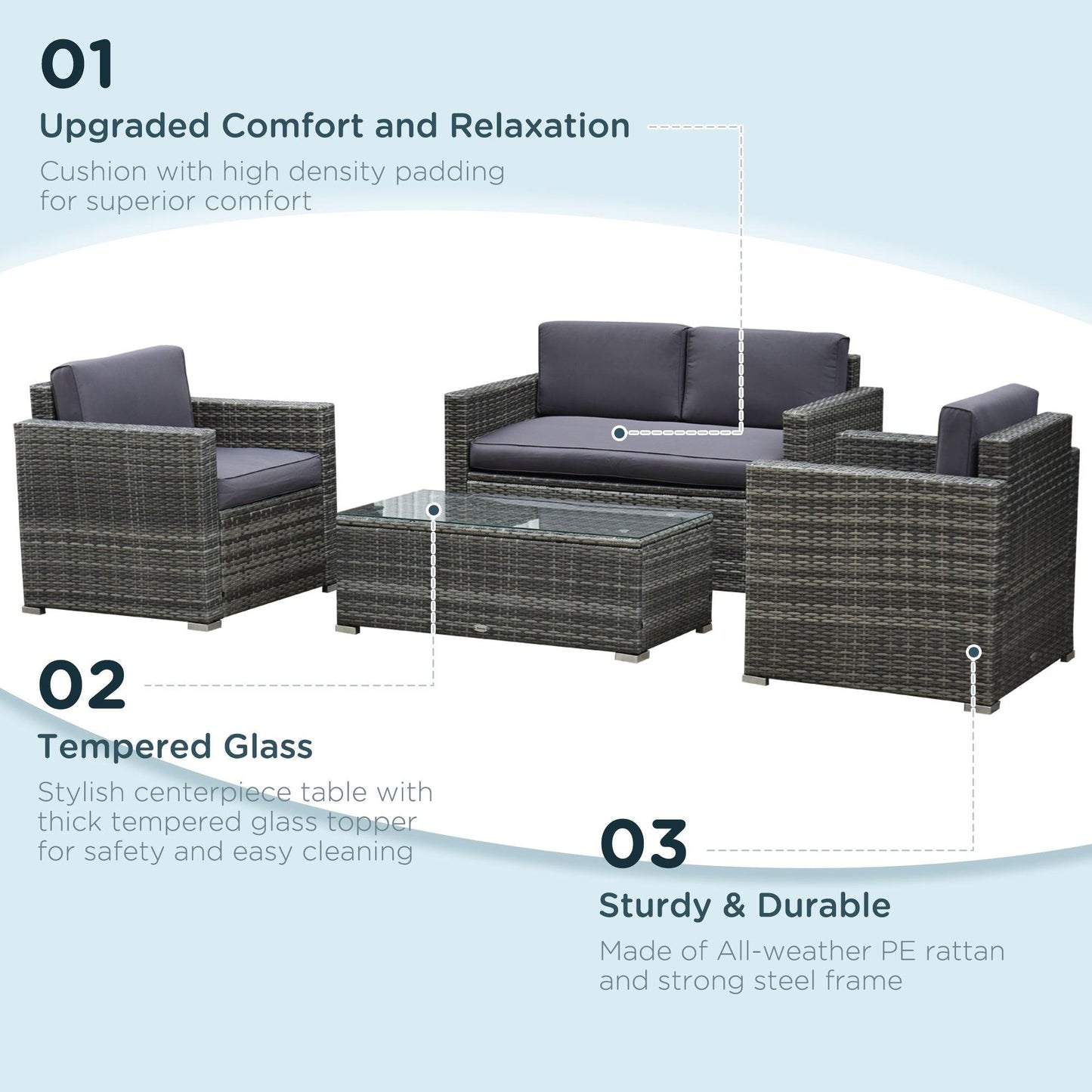 Outdoor and Garden-4-Piece Rattan Wicker Furniture Set, Outdoor Cushioned Conversation Furniture with 2 Chairs, Loveseat, and Glass Coffee Table - Grey - Outdoor Style Company