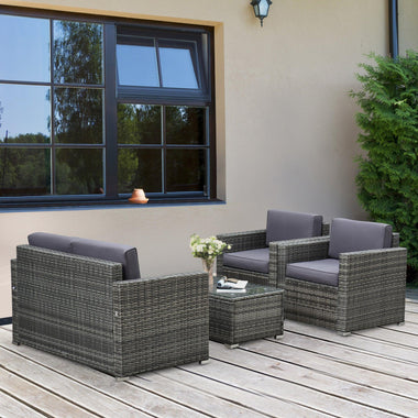 Outdoor and Garden-4-Piece Rattan Wicker Furniture Set, Outdoor Cushioned Conversation Furniture with 2 Chairs, Loveseat, and Glass Coffee Table - Grey - Outdoor Style Company