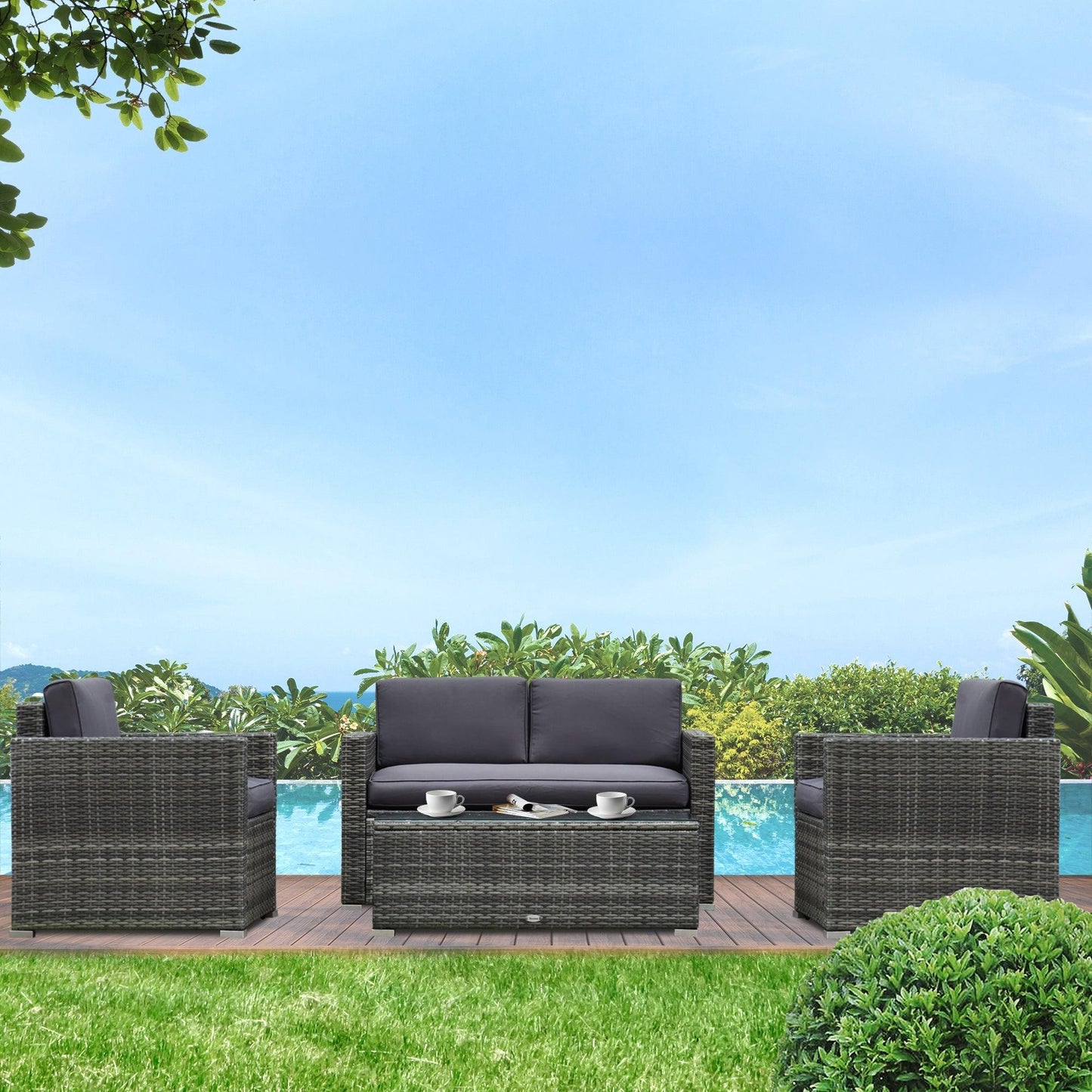 Outdoor and Garden-4-Piece Rattan Wicker Furniture Set, Outdoor Cushioned Conversation Furniture with 2 Chairs, Loveseat, and Glass Coffee Table - Grey - Outdoor Style Company