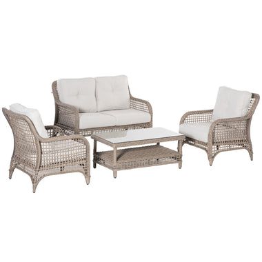 Outdoor and Garden-4 Pieces Luxury Patio Wicker Sofa Set, Outdoor PE Rattan Furniture w/ Tempered Glass & Thick Padded Cushion for Garden, Cream White - Outdoor Style Company