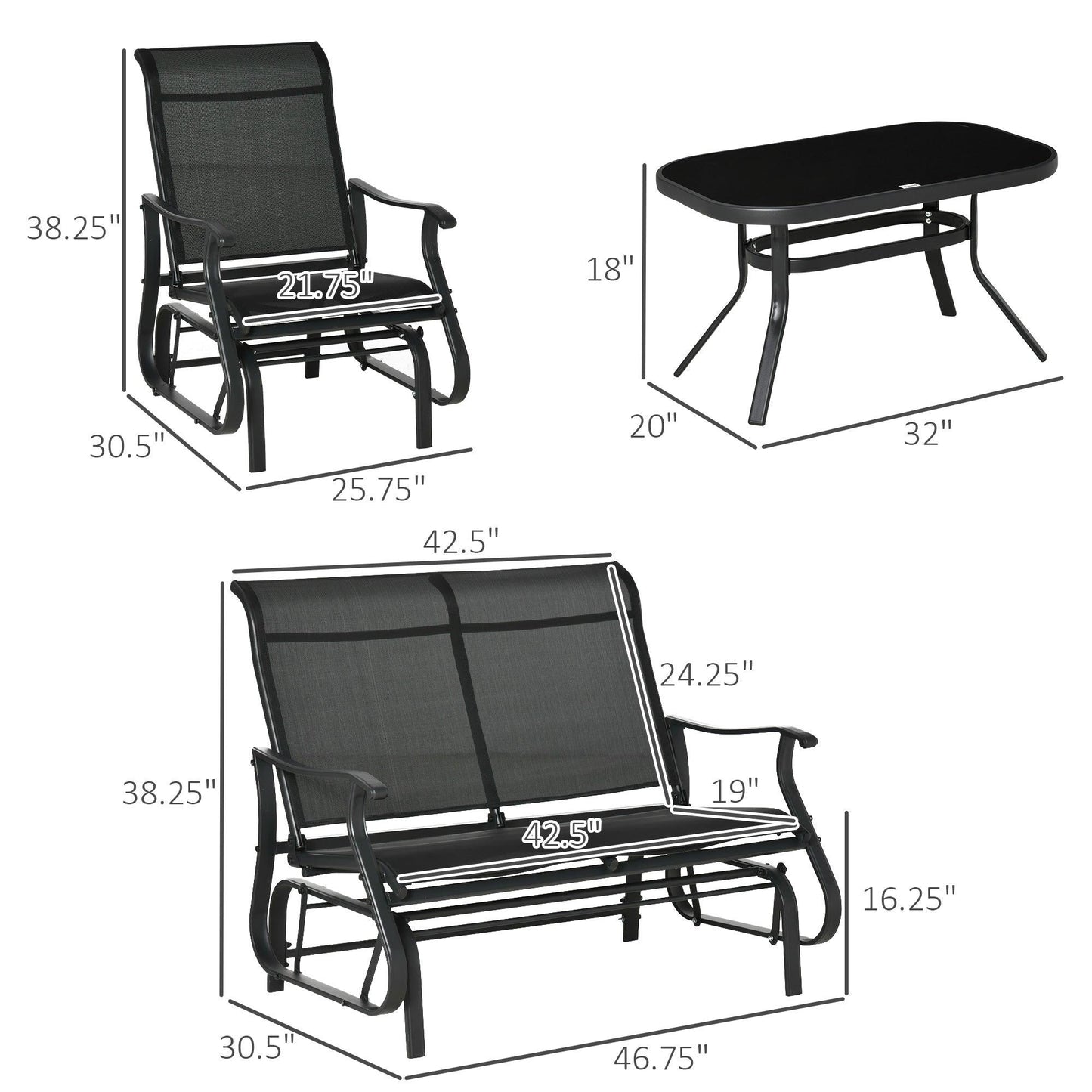 Outdoor and Garden-4 Pieces Patio Furniture Set, Outdoor Conversation Set with 2-Person Glider, Single Sling Chair and Glass Coffee Table for Lawn, Black - Outdoor Style Company