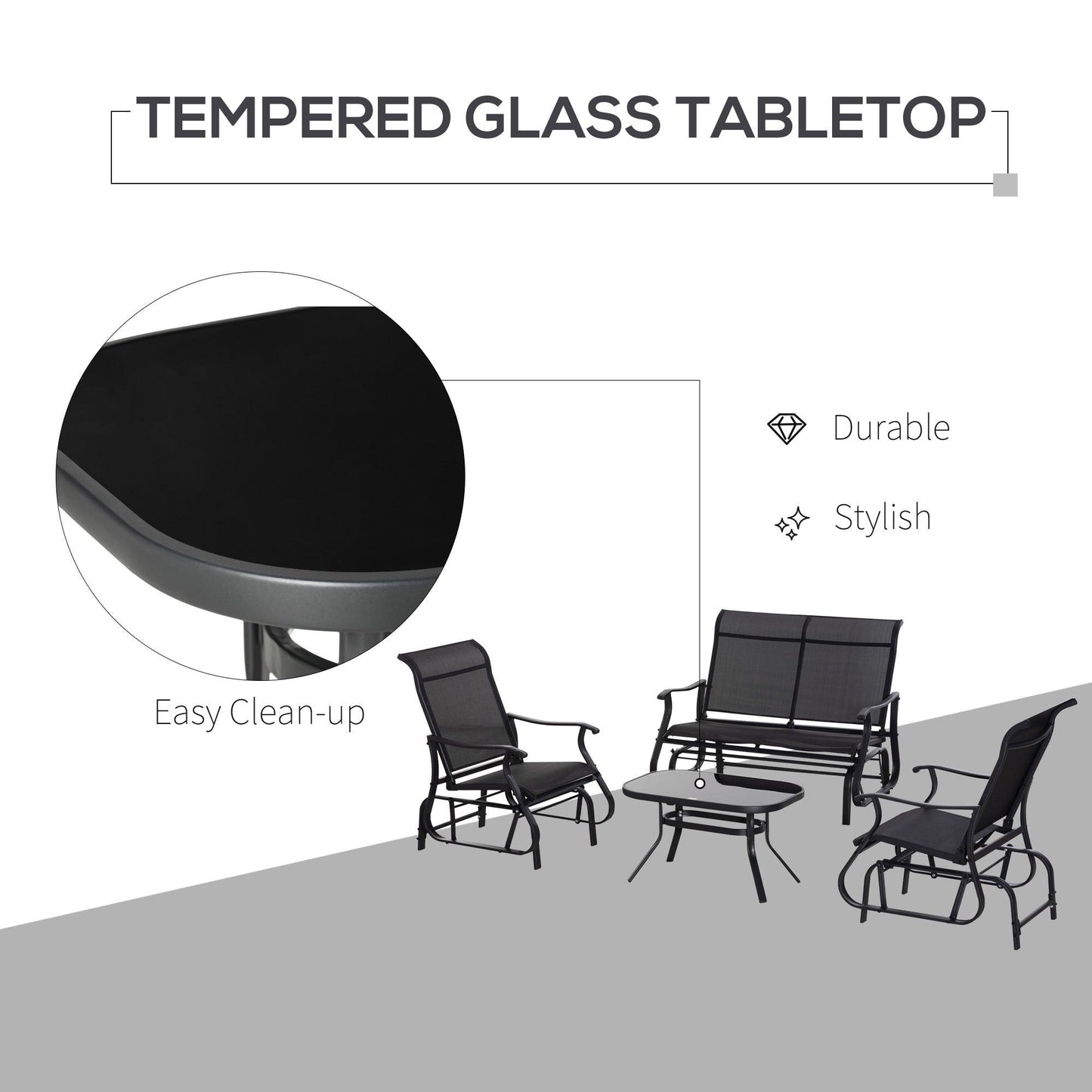 Outdoor and Garden-4 Pieces Patio Furniture Set, Outdoor Conversation Set with 2-Person Glider, Single Sling Chair and Glass Coffee Table for Lawn, Black - Outdoor Style Company