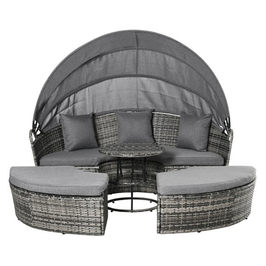 Outdoor and Garden-4 Pieces Patio PE Wicker Lounge Set, Rattan Garden Conversation Furniture Set, Round Sofa Bed with Canopy, Cushioned, Coffee Table, Grey - Outdoor Style Company