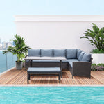 Outdoor and Garden-4 Pieces Patio Wicker Sofa Set, Outdoor PE Rattan Modern Furniture Set with Cushions & Dining Table, Bench for Garden, Backyard, Lawn, Grey - Outdoor Style Company
