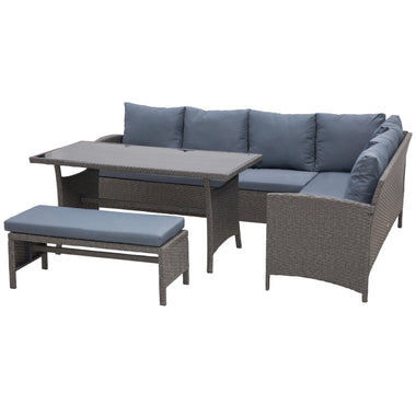 Outdoor and Garden-4 Pieces Patio Wicker Sofa Set, Outdoor PE Rattan Modern Furniture Set with Cushions & Dining Table, Bench for Garden, Backyard, Lawn, Grey - Outdoor Style Company