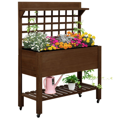 Outdoor and Garden-41" Raised Garden Bed Mobile Elevated Wooden Planter Box Stand with Wheels, Trellis and Storage Shelf, Dark Brown - Outdoor Style Company