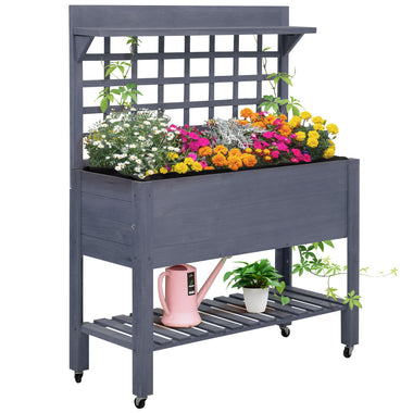Outdoor and Garden-41" Raised Garden Bed Mobile Elevated Wooden Planter Box Stand with Wheels, Trellis and Storage Shelf, Gray - Outdoor Style Company