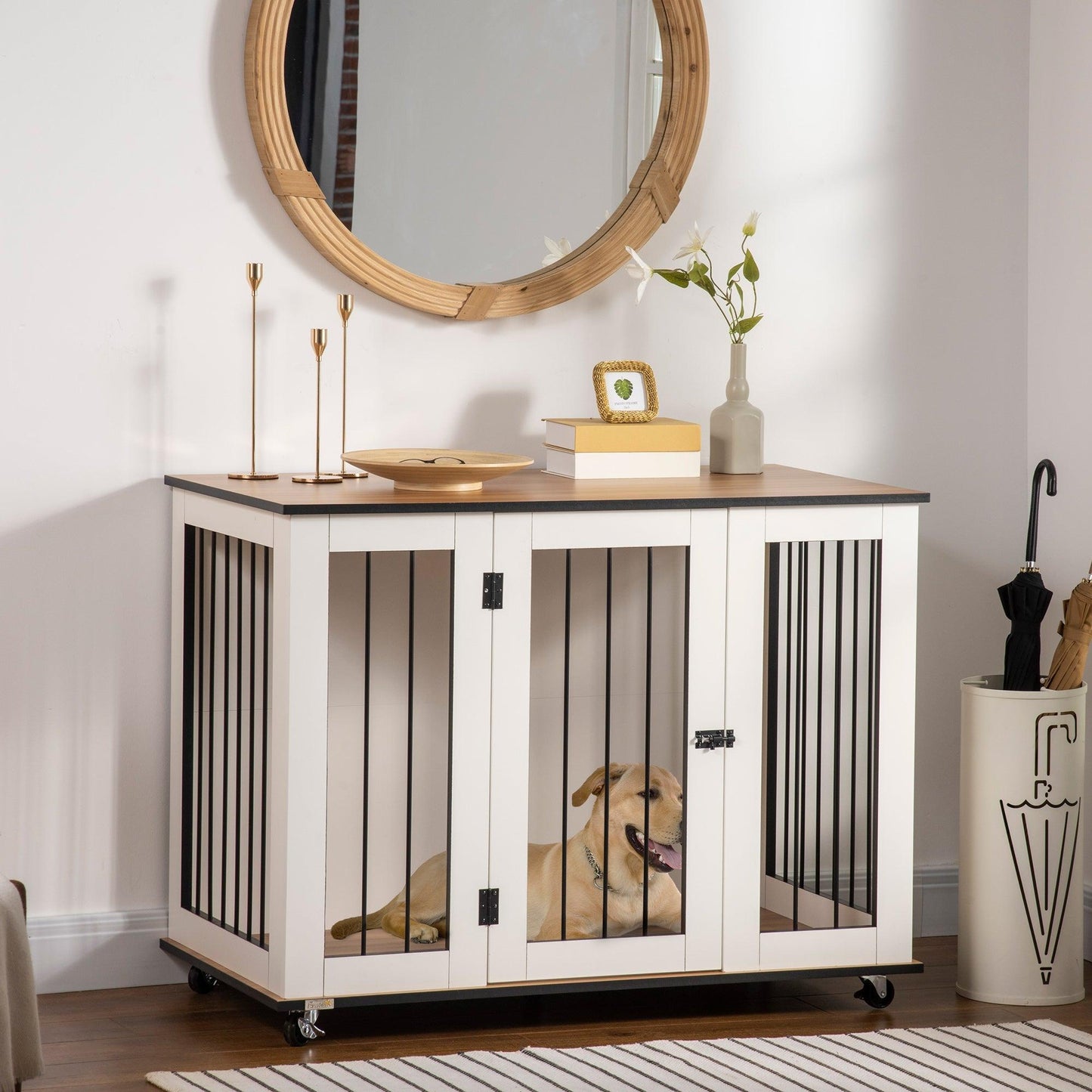 Pet Supplies-41.75" x 23.5" Wooden Dog Crate, Dog Cage with Wheels & Big Tabletop, Indoor Dog Crate Furniture with Lockable Door, White - Outdoor Style Company