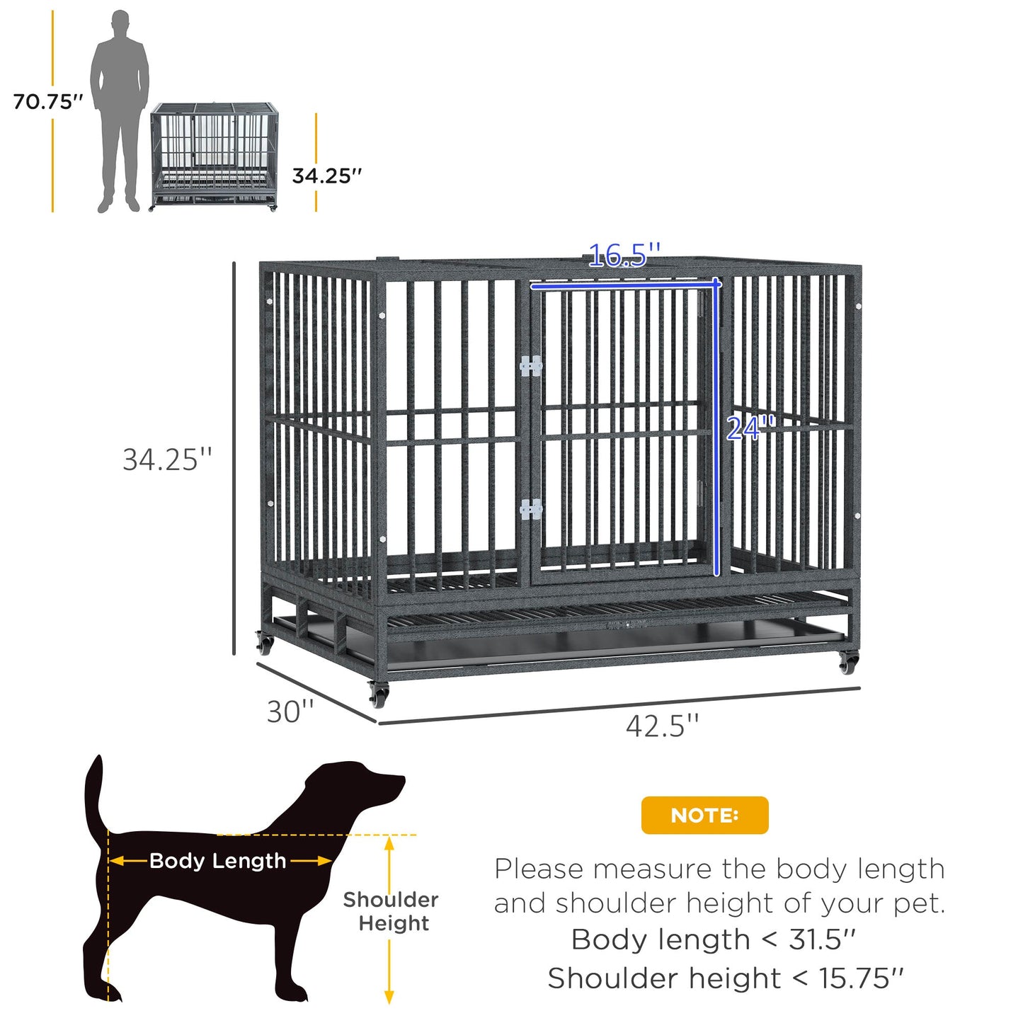 Pet Supplies-42" Heavy Duty Dog Cage Dog Crate, Metal Dog Crater Kennel with Wheels, Double Door and Removable Tray, Gray - Outdoor Style Company