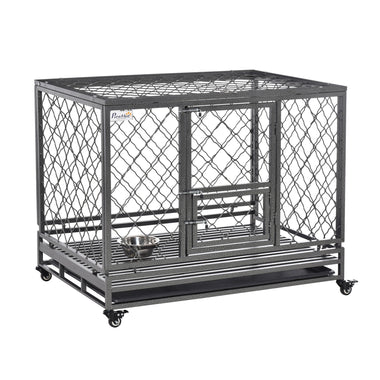 Pet Supplies-42.5" Heavy Duty Dog Crate Metal Kennel and Crate Dog Playpen with Lockable Wheels, Slide-out Tray, Food Bowl and Double Doors, Black - Outdoor Style Company