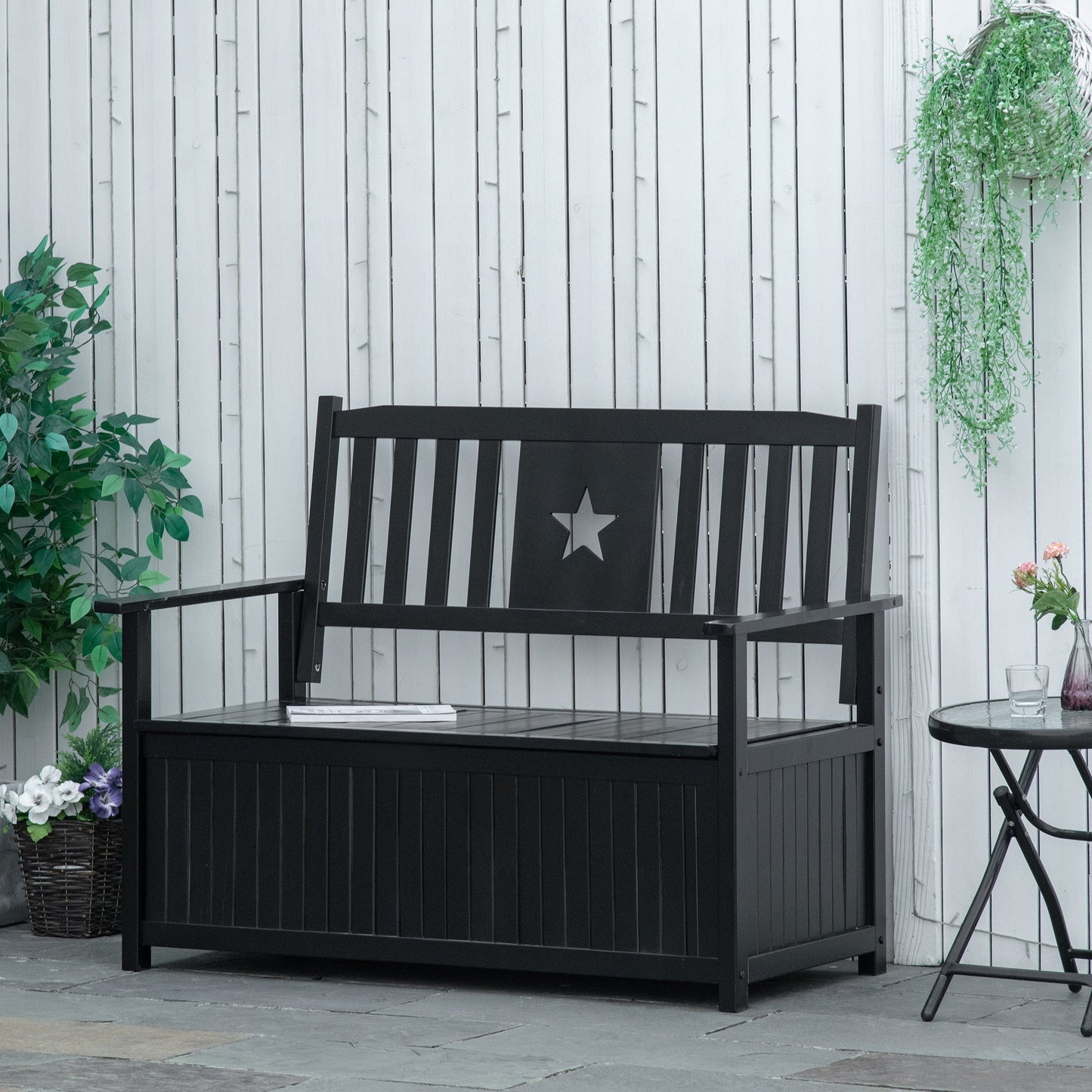 Outdoor and Garden-43 Gallon Outdoor Storage Bench, Wooden Loveseat Deck Box, 2-Seat Container for Store Garden Tools Toys, Black - Outdoor Style Company