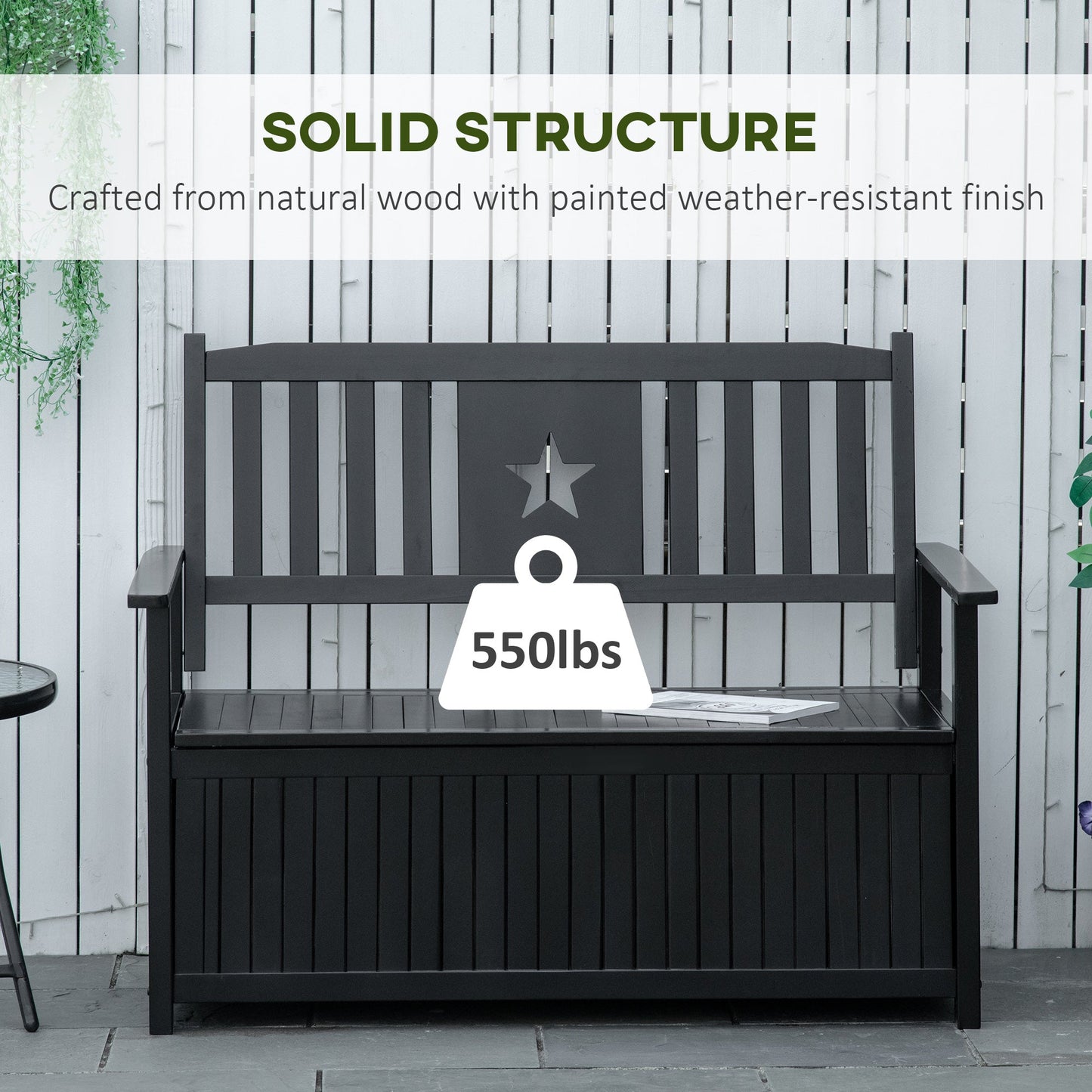 Outdoor and Garden-43 Gallon Outdoor Storage Bench, Wooden Loveseat Deck Box, 2-Seat Container for Store Garden Tools Toys, Black - Outdoor Style Company