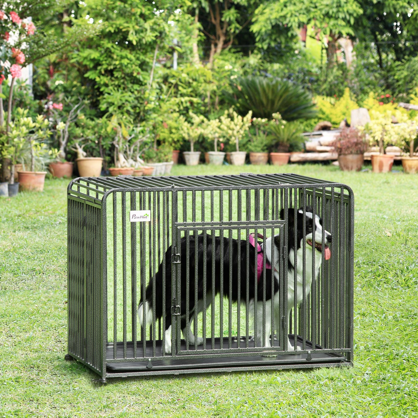 Pet Supplies-43" Heavy Duty Dog Crate, Foldable Steel Crate Kennel with Removable Tray, 2 Doors & 4 Lockable Wheels for Medium & Large Dogs, Dark Silver - Outdoor Style Company