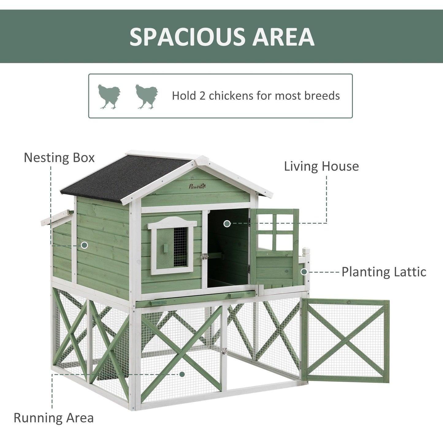 Miscellaneous-44" Chicken Coop, Wooden Chicken House Hen Run, Rabbit Hutch with Nesting Box, Removable Tray, Asphalt Roof, Planting and Lattice, Green - Outdoor Style Company