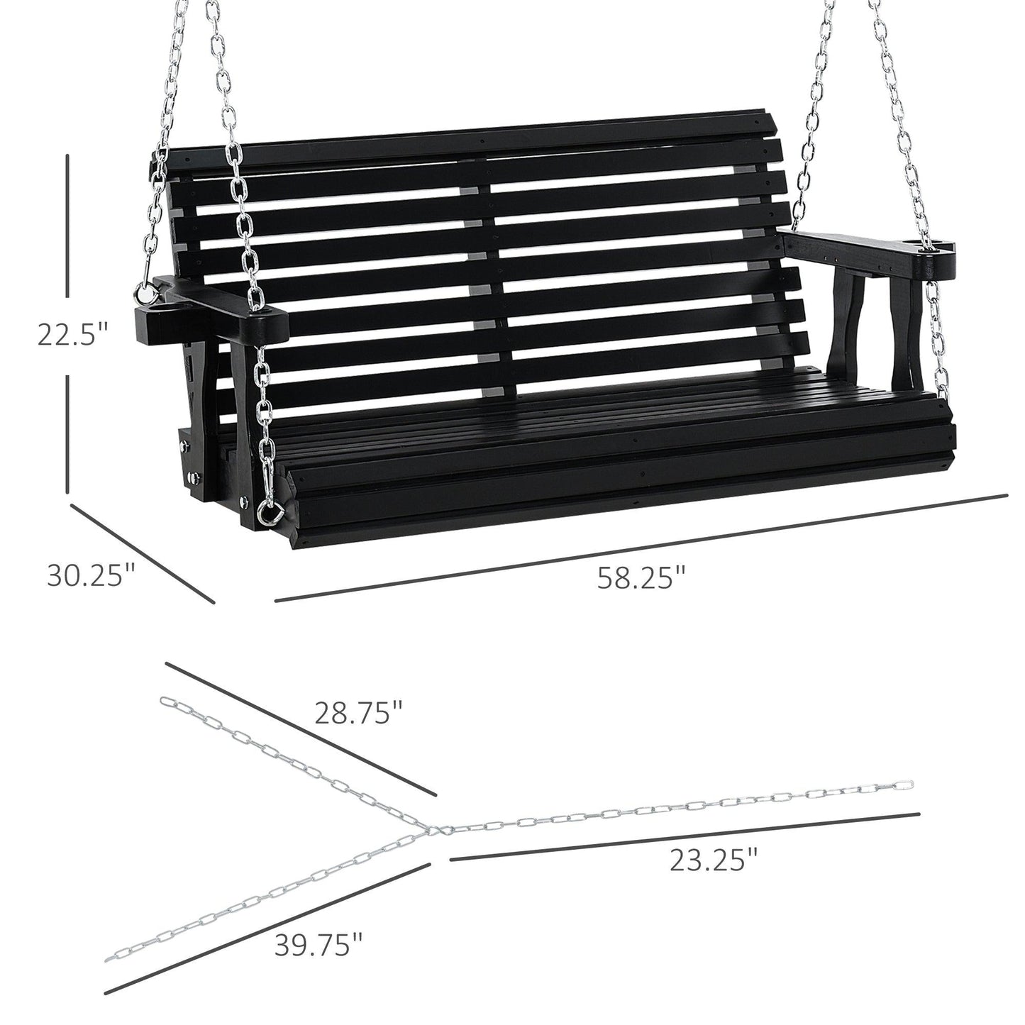 Outdoor and Garden-46" 2-Person Porch Swing Wooden Patio Swing Bench with Cup Holders, Slatted Design, & Chains Included, 440lb Weight Capacity, Black - Outdoor Style Company