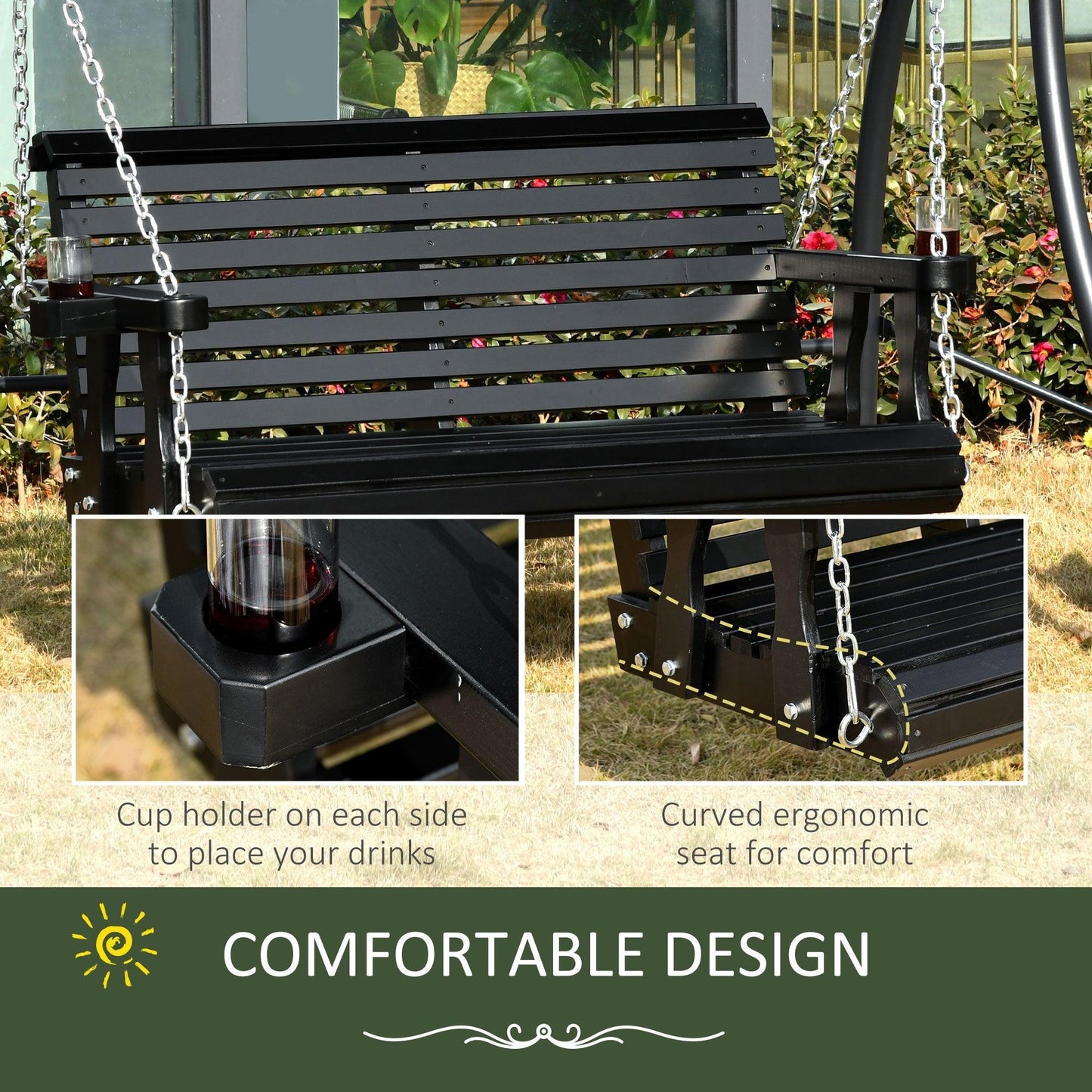 Outdoor and Garden-46" 2-Person Porch Swing Wooden Patio Swing Bench with Cup Holders, Slatted Design, & Chains Included, 440lb Weight Capacity, Black - Outdoor Style Company