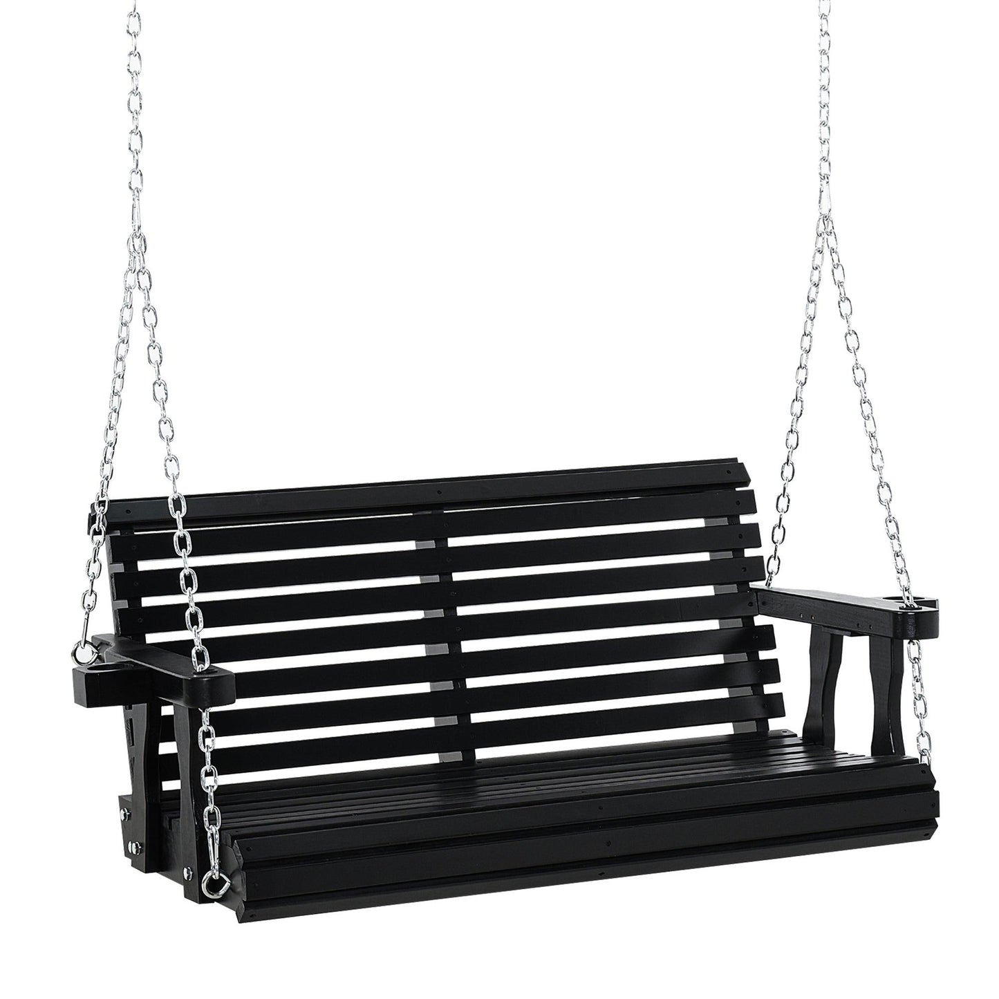 Outdoor and Garden-46" 2-Person Porch Swing Wooden Patio Swing Bench with Cup Holders, Slatted Design, & Chains Included, 440lb Weight Capacity, Black - Outdoor Style Company