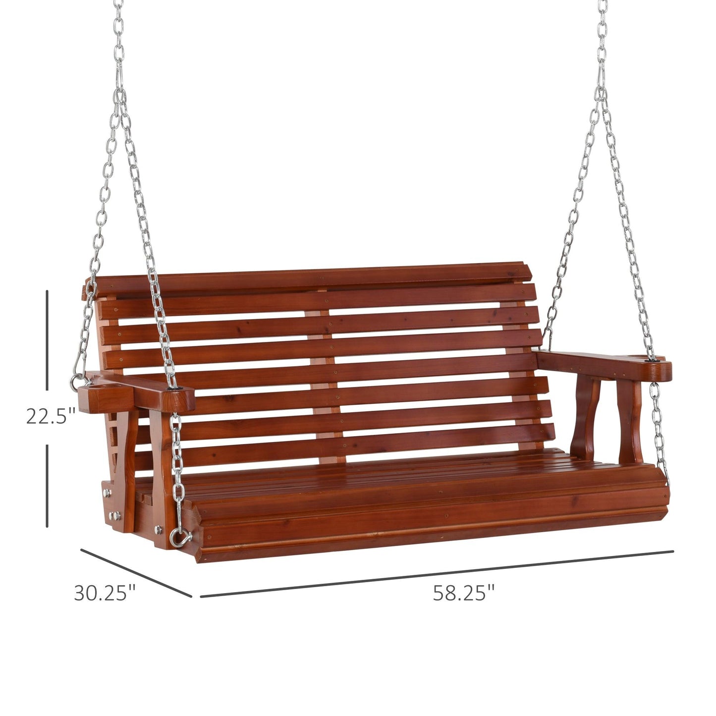 Outdoor and Garden-46" 2-Person Porch Swing Wooden Patio Swing Bench with Cup Holders, Slatted Design, & Chains Included, 440lb Weight Capacity, Brown - Outdoor Style Company