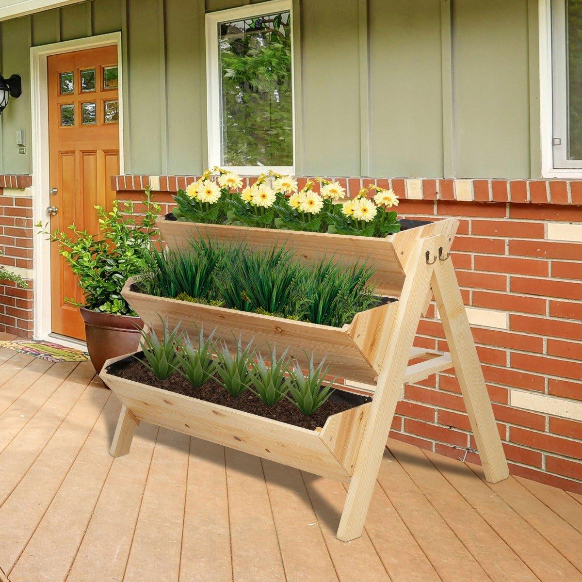 Outdoor and Garden-47" 3-Tiers Raised Garden Bed Wooden Plant Stand with Side Hooks & Storage Clapboard, Great for Flowers Herbs Vegetables, Natural - Outdoor Style Company