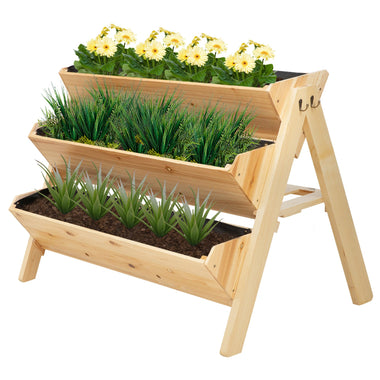 Outdoor and Garden-47" 3-Tiers Raised Garden Bed Wooden Plant Stand with Side Hooks & Storage Clapboard, Great for Flowers Herbs Vegetables, Natural - Outdoor Style Company
