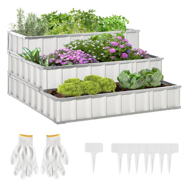 Outdoor and Garden-47''x47''x25'' 3 Tier Raised Garden Bed, Metal Elevated Planer Box Kit w/ A Pairs of Glove for Backyard, to Grow Vegetables, Herbs, White - Outdoor Style Company