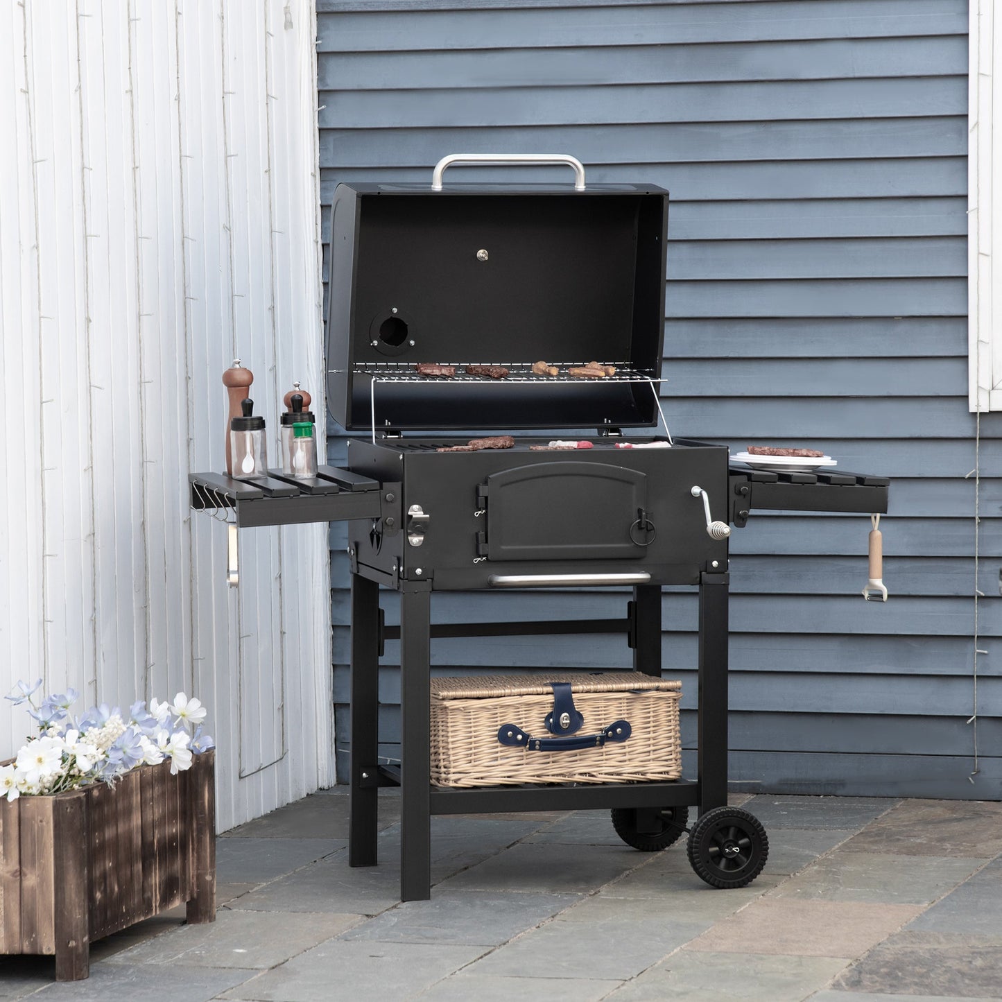 Outdoor and Garden-48" Charcoal BBQ Grill and Smoker Combo with Adjustable Height, Portable, Folding Shelves, Thermometer, Bottle Opener, and Wheels - Outdoor Style Company