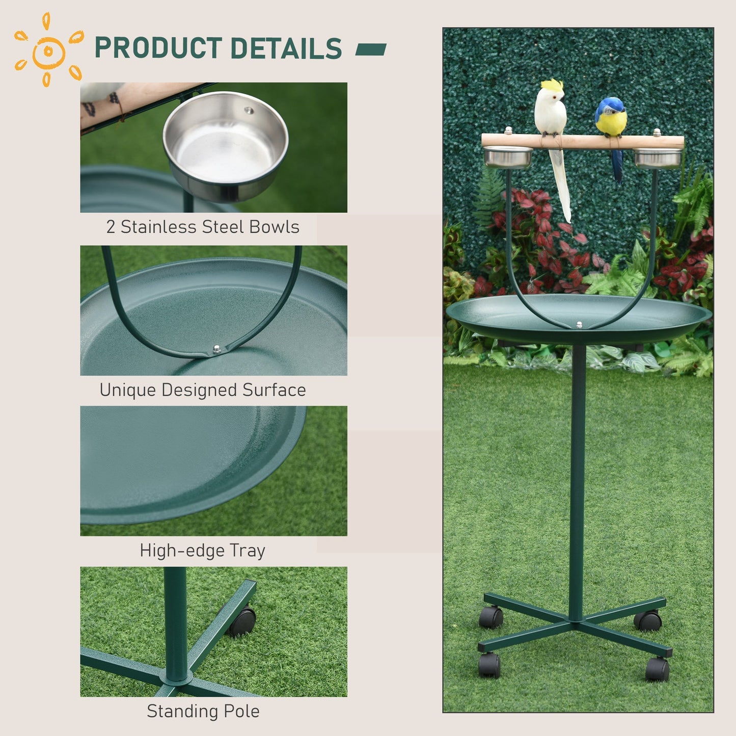 Toys and Games-49" Bird Play Stand With Wheels, Durable Stainless Steel T-Stand Bird Training Activity Playground With Perch 2 Stainless Steel Bowls - Outdoor Style Company