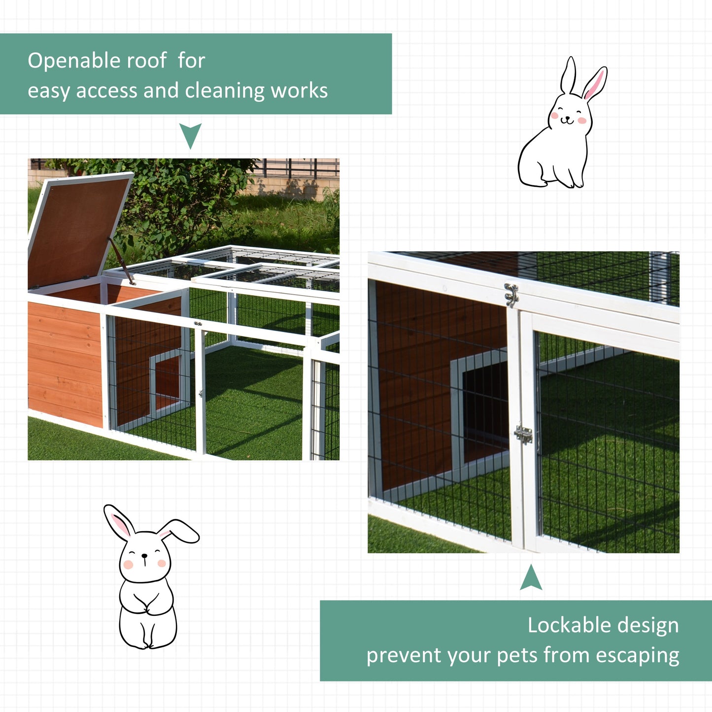 Wooden Outdoor Rabbit Hutch Small Animal Cages Brown and White 64" Fir Wood with Run and Mesh Cover Pawhut