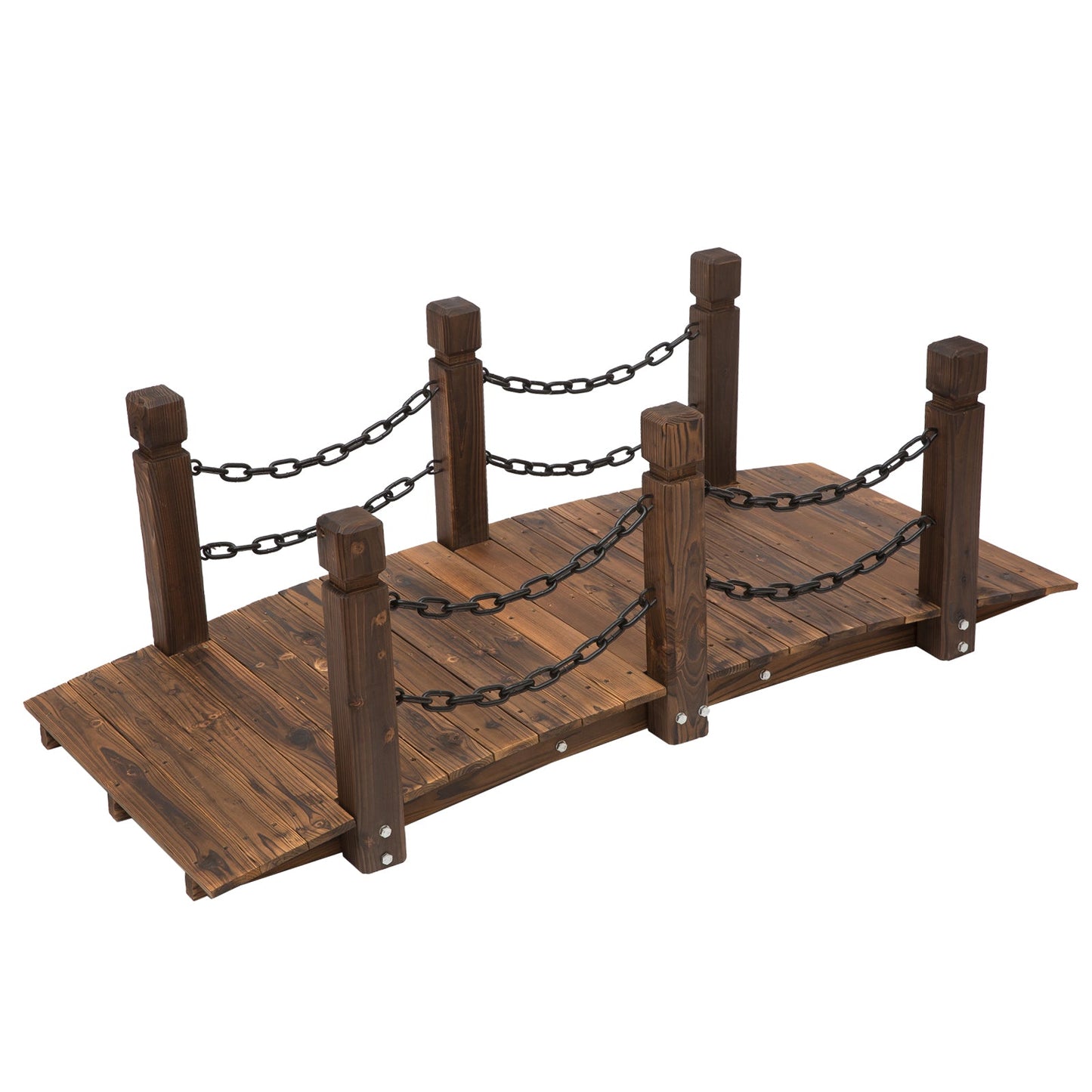 Outdoor and Garden-5 ft Wooden Garden Bridge Arc Footbridge with Metal Chain Railings & Solid Fir Construction, Stained Wood - Outdoor Style Company