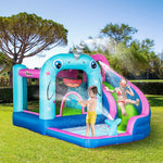 Miscellaneous-5-in-1 Inflatable Water Slide Kids Bounce House Narwhals Theme Water Park Includes Slide Trampoline Pool Cannon Climbing Wall and Air Blower - Outdoor Style Company